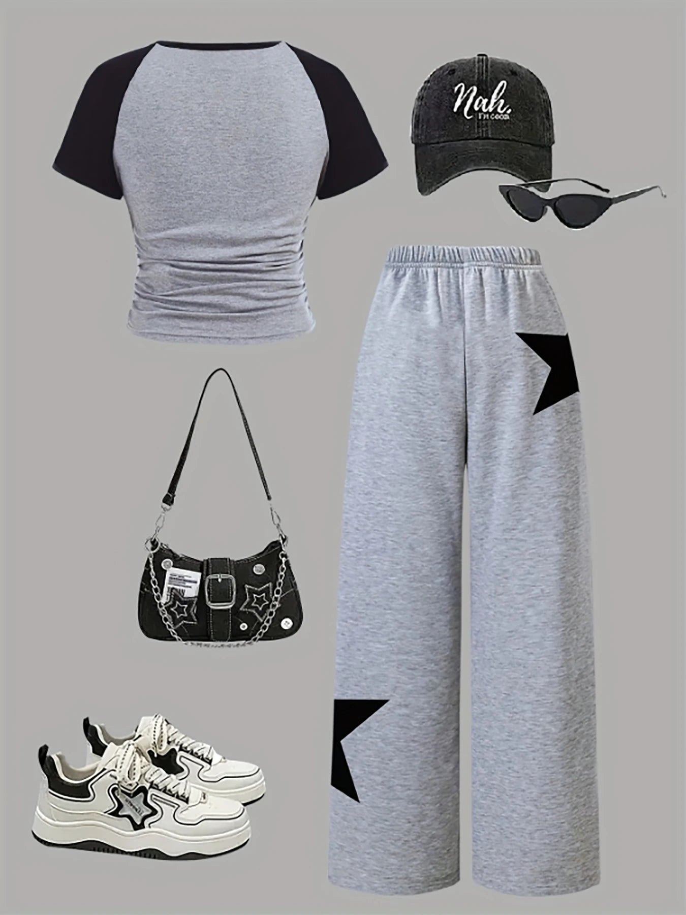 Trendy Items for Girls, Girls' Clothing, 2-Piece Girls' Outfit, Back-To-School Clothing, Star Pattern, Gray Wide-Leg Sweatpants, American Football, Volleyball, Thanksgiving, Halloween Outfits, Christmas Sweatpants, Suitable for Spring and Summer