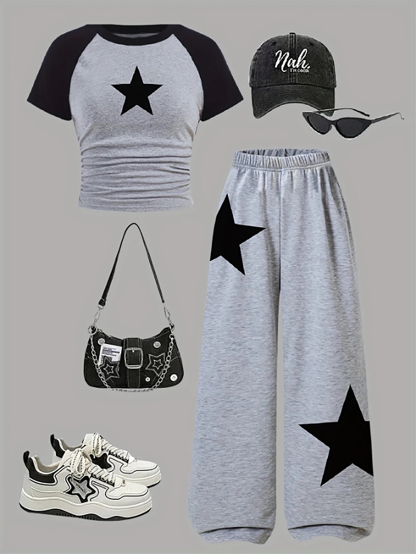 Trendy Items for Girls, Girls' Clothing, 2-Piece Girls' Outfit, Back-To-School Clothing, Star Pattern, Gray Wide-Leg Sweatpants, American Football, Volleyball, Thanksgiving, Halloween Outfits, Christmas Sweatpants, Suitable for Spring and Summer